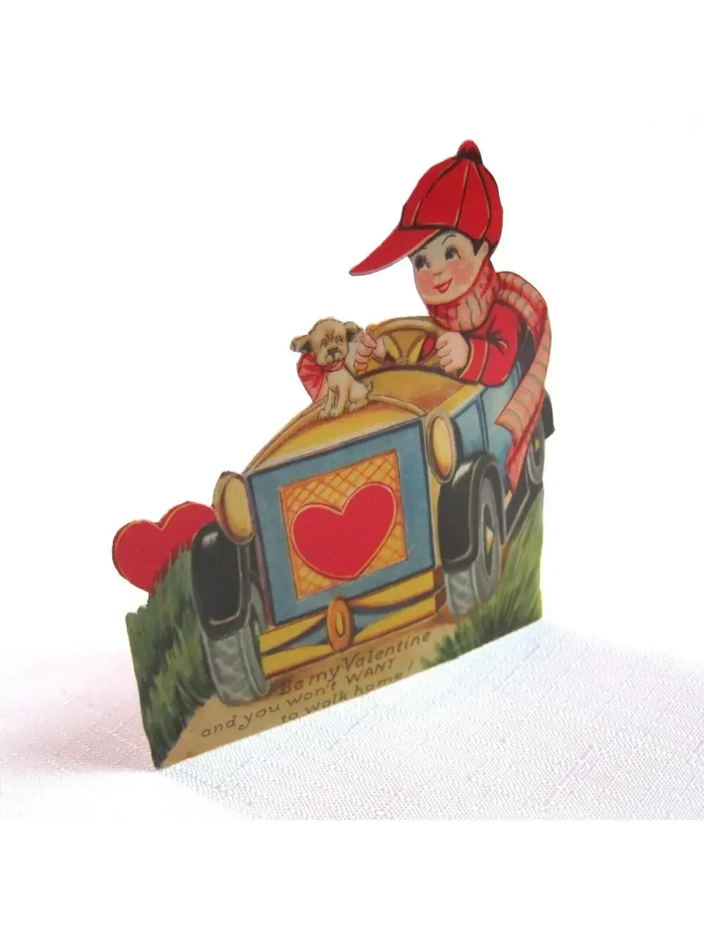 Vintage Valentine Die Cut Boy Driving with Puppy Dog Stand Up Germany 1920s-30s
